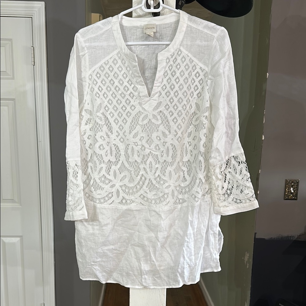 Chicos White Linen Lace Tunic Top